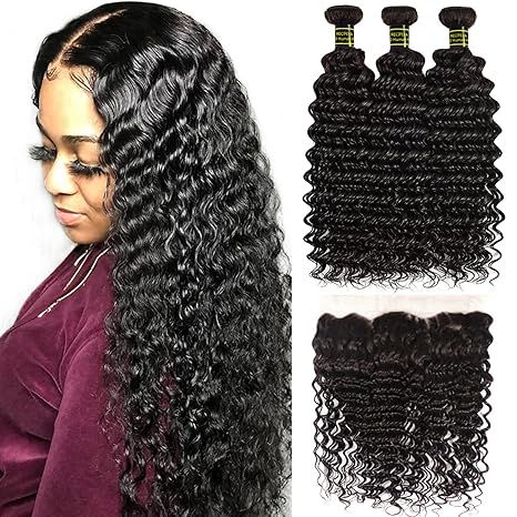 Deep Wave 3 Bundles With 13X4 Transparent Lace Frontal 100% Brazilian Human Hair