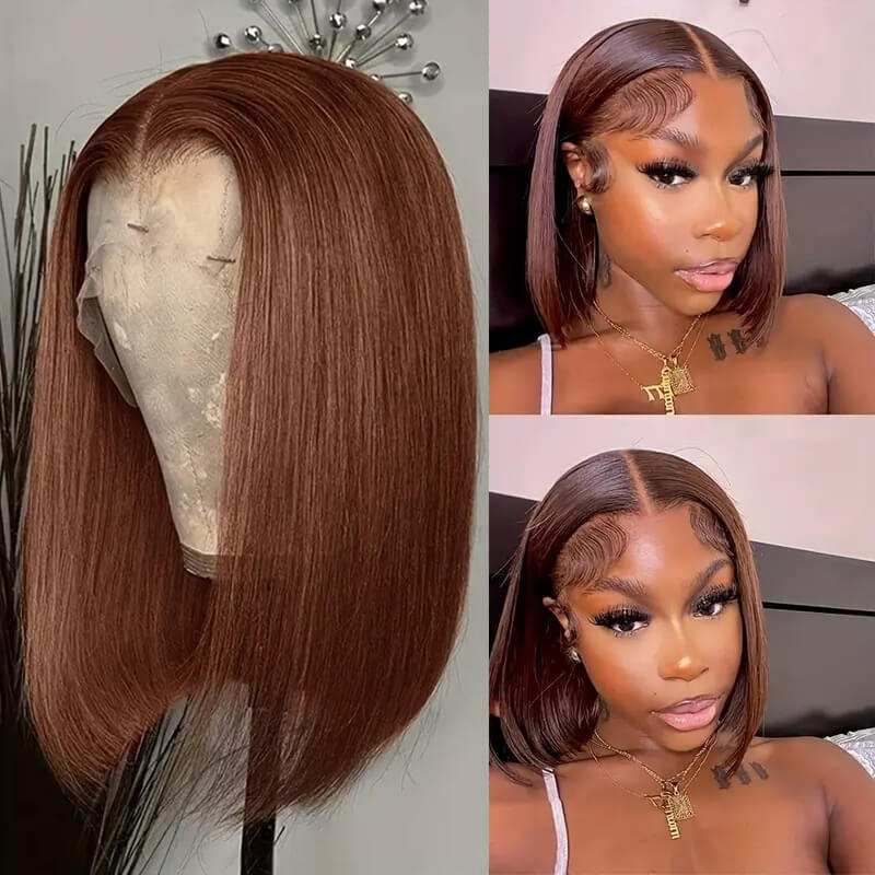 Lumiere New Blunt Cut Short Bob Wigs #4 Brown Colored Straight Human Hair 13x4 Lace Front Wigs