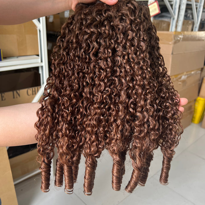 Lumiere #4 Chocolate Brown Color Burmese Curly Hair 4 Bundles Human Hair With Spiral Ends