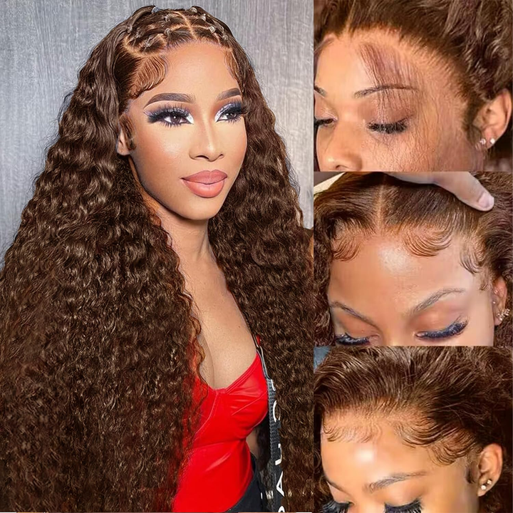 Perruques de cheveux humains avant de lacet sans colle de vague profonde de brun chocolat pour les femmes noires