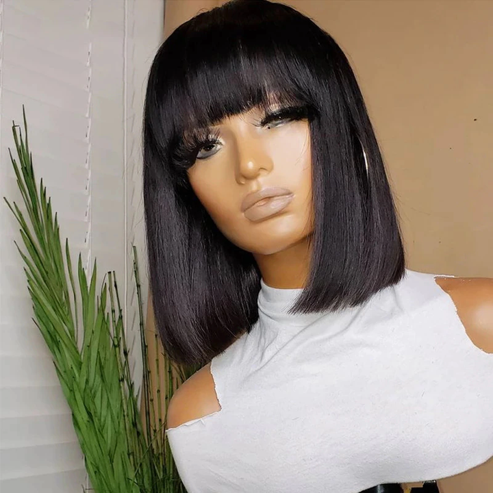 Bob Short Straight Wigs with Bangs Full Machine Natural Black Human Hair Wigs for Women