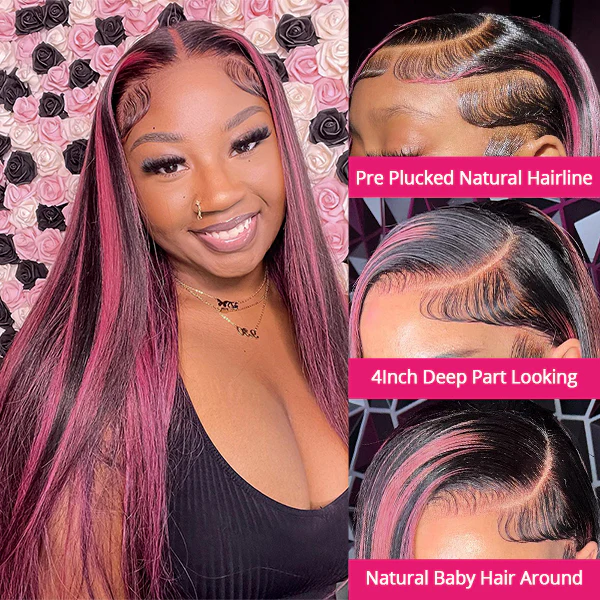 Skunk Stripe Highlight Pink 13X4 / 4X4 Lace Front Straight Wig For Women