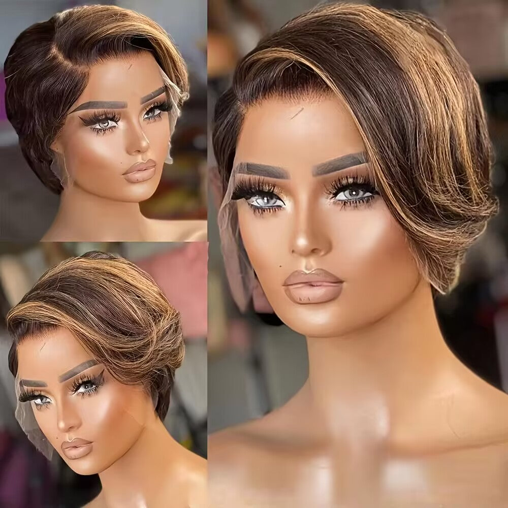 #4/27 Ombre Short Bob Pixie Cut 13x4x1 T Lace Front Straight Human Hair Wigs