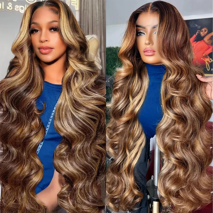 Lumiere Highlight P4/27 Colored 13x4 HD Body Wave Lace Front Human Hair Wigs Pre Plucked Frontal Wigs for Women (No Code Need)