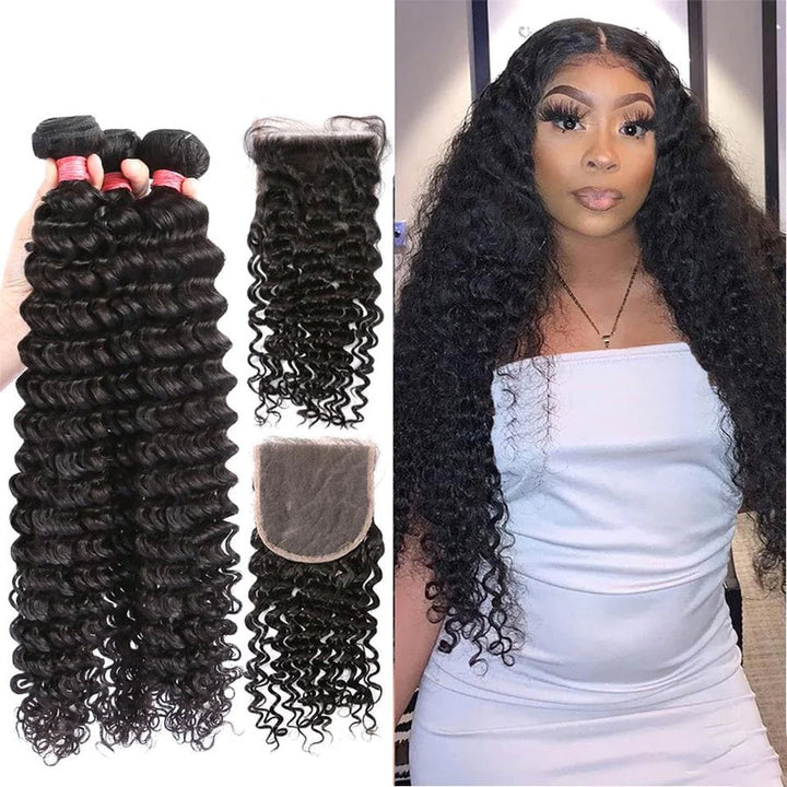 28 30 32 inch Deep Wave 3 Bundles With 4x4 Closure transparent lace Peruvian Remy Human Hair Weaves