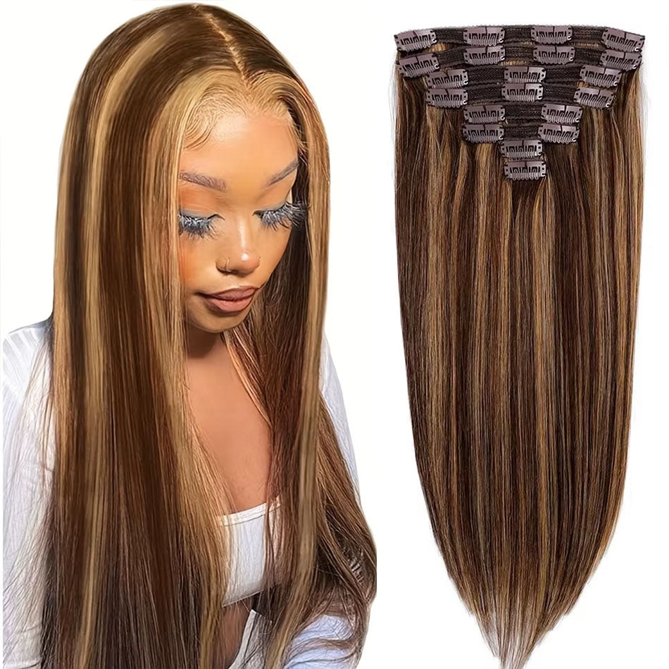 Highlight P4/27 Clip in Straight 8PCS Ponytail Human Hair Human Hair Extensions Pony Tail