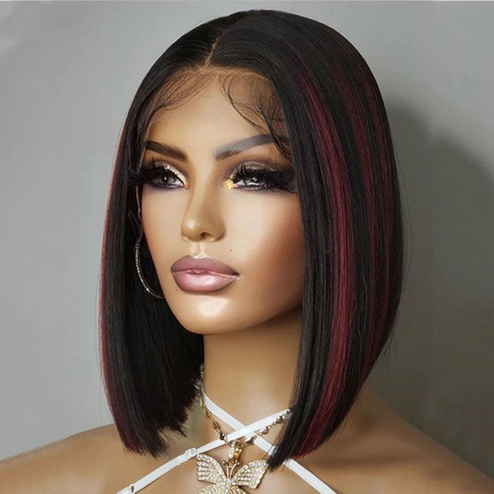 Lumiere Highlight Blue & Highlight Red 13x4 Lace Front Straight Bob Wig Human Hair Transparent Lace Frontal Wigs  For Black Women HDZ