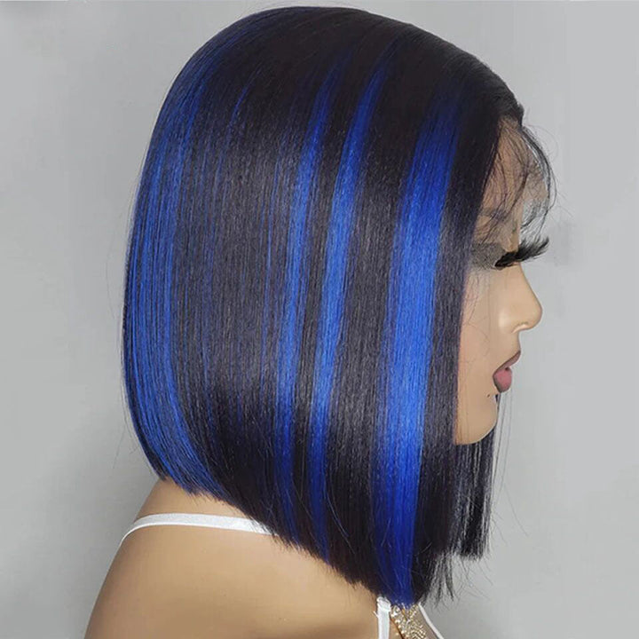 Lumiere Highlight Blue & Highlight Red 13x4 Lace Front Straight Bob Wig Human Hair Transparent Lace Frontal Wigs  For Black Women HDZ