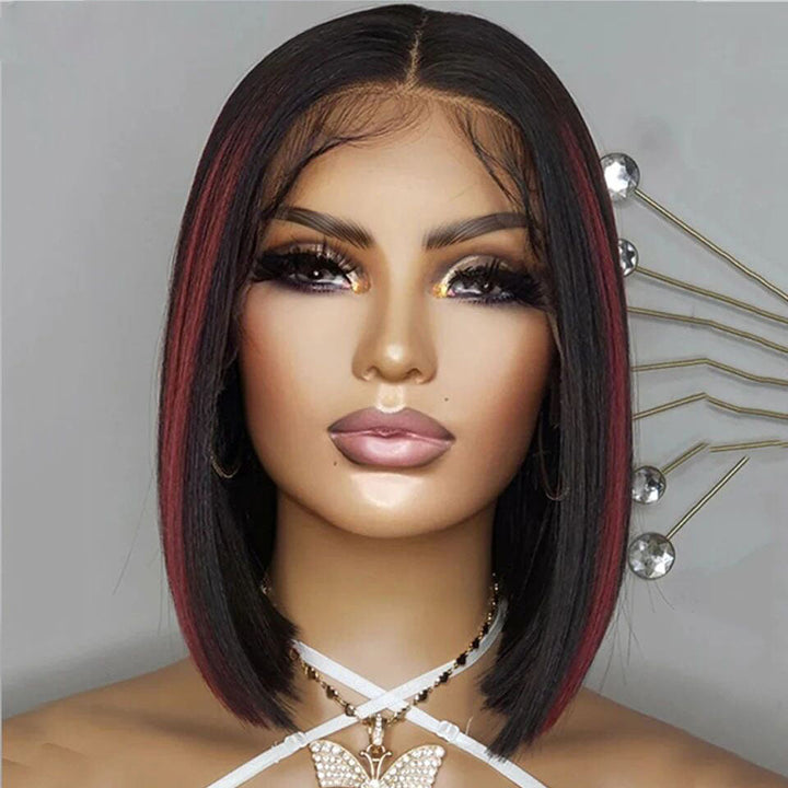 Lumiere Highlight Blue & Highlight Red 13x4 Lace Front Straight Bob Wig Human Hair Transparent Lace Frontal Wigs  For Black Women HDZ