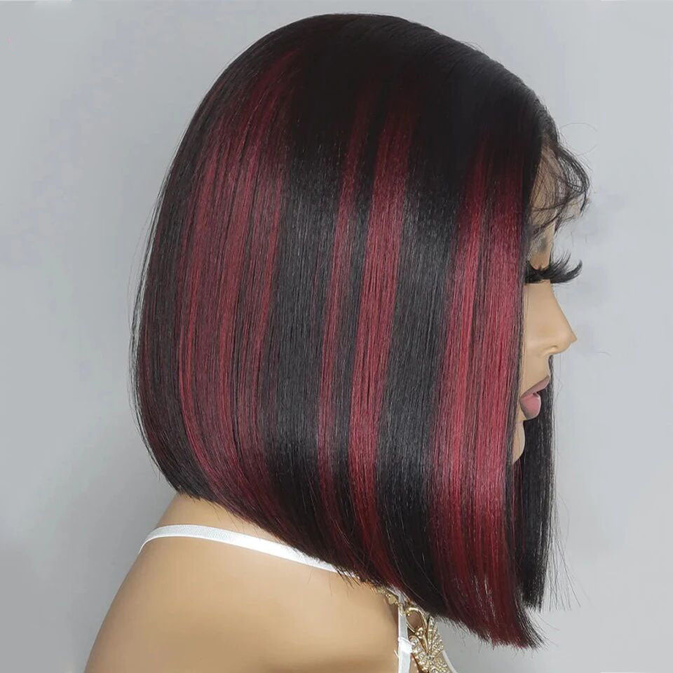 Lumiere Highlight Blue & Highlight Red 13x4 Lace Front Straight Bob Wig Human Hair Transparent Lace Frontal Wigs  For Black Women HDZ