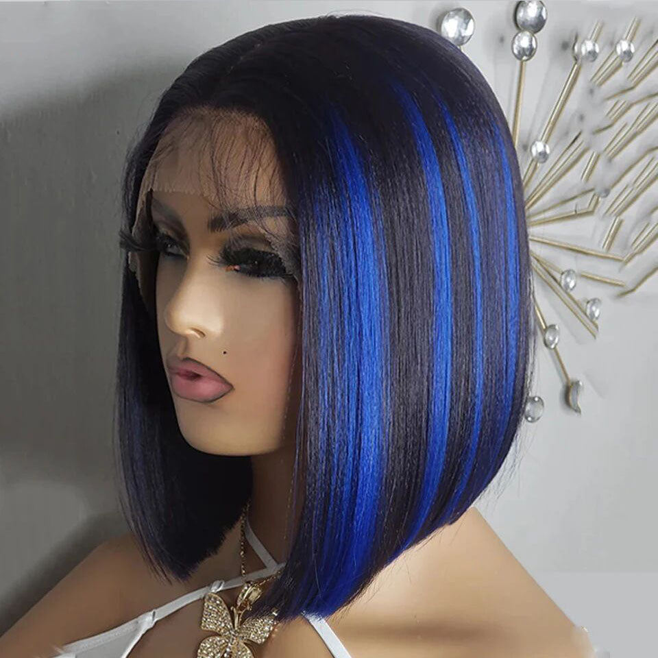 Lumiere Highlight Blue & Highlight Red 13x4 Lace Front Straight Bob Wig Human Hair Transparent Lace Frontal Wigs  For Black Women HDZ
