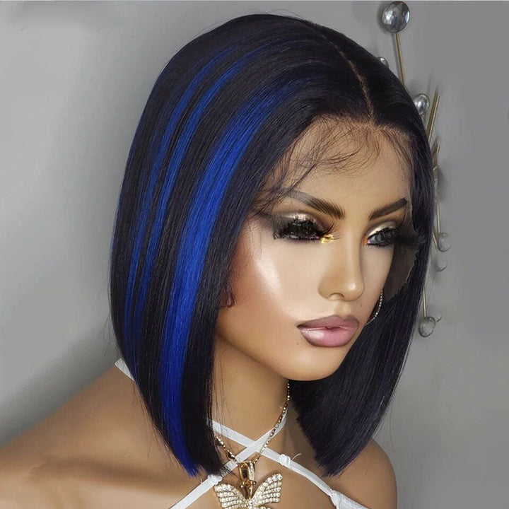 Lumiere Highlight Blue & Highlight Red 13x4 Lace Front Straight Bob Wig Human Hair Transparent Lace Frontal Wigs  For Black Women HDZ