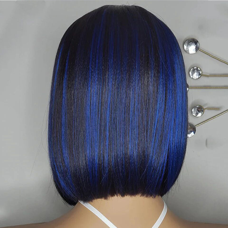 Lumiere Highlight Blue & Highlight Red 13x4 Lace Front Straight Bob Wig Human Hair Transparent Lace Frontal Wigs  For Black Women HDZ