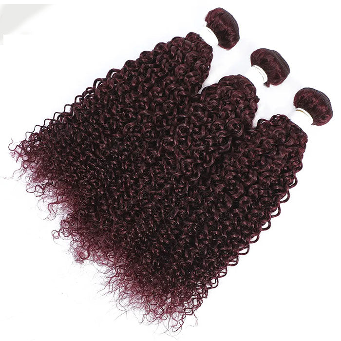 Red Bundles #99j Kinky Curly 3 Bundles With 4X4 Lace Closure For Women Human Hair