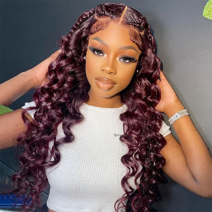 Red Bundles #99j Loose Deep Wave 4 Bundles With 13X4 Frontal Transparent Lace