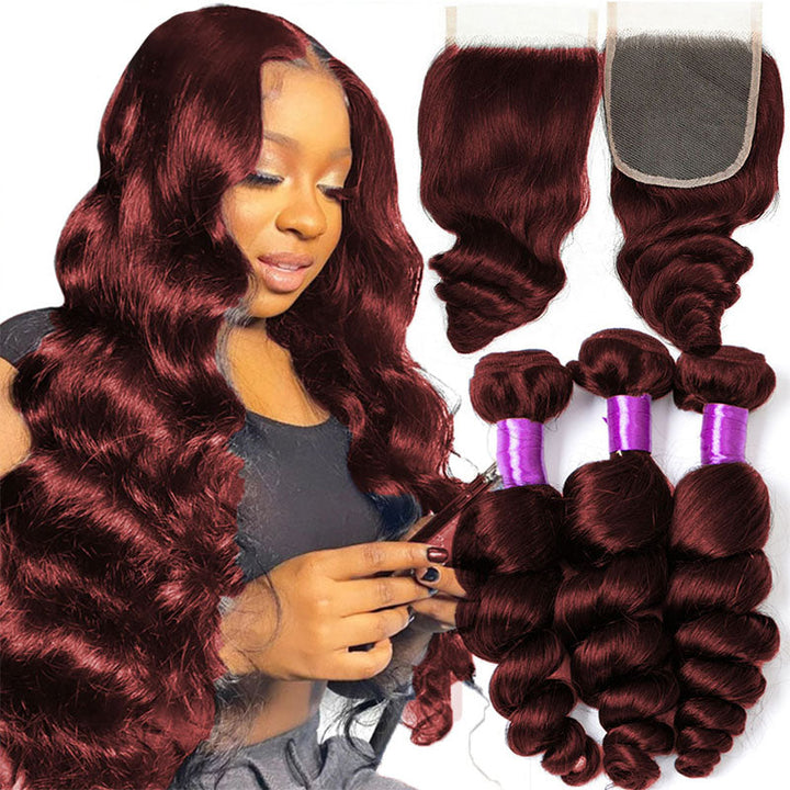 Red Bundles #99j Peruvian Loose Wave Hair Weave 3 Bundles With Closure 4x4 HD Lace Closure 100% huamn hair