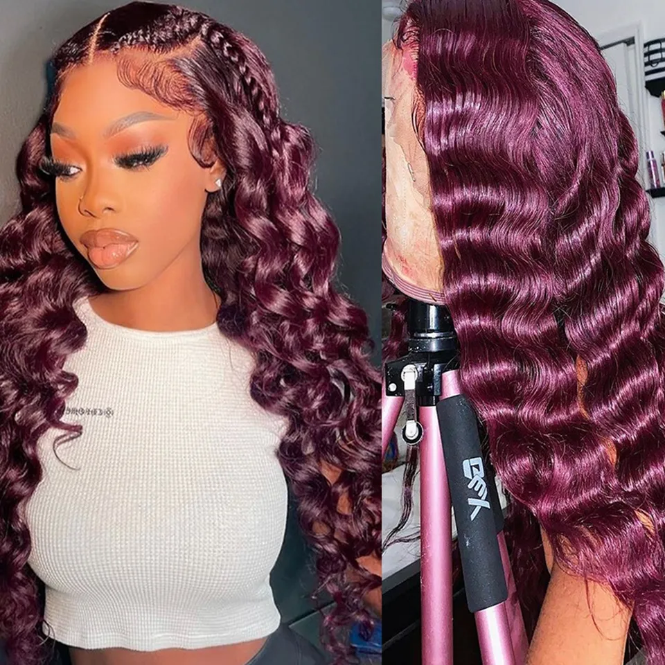 Red Bundles #99J  loose deep 3 Bundles With 4X4 Transparent Lace Closure  Human Hair
