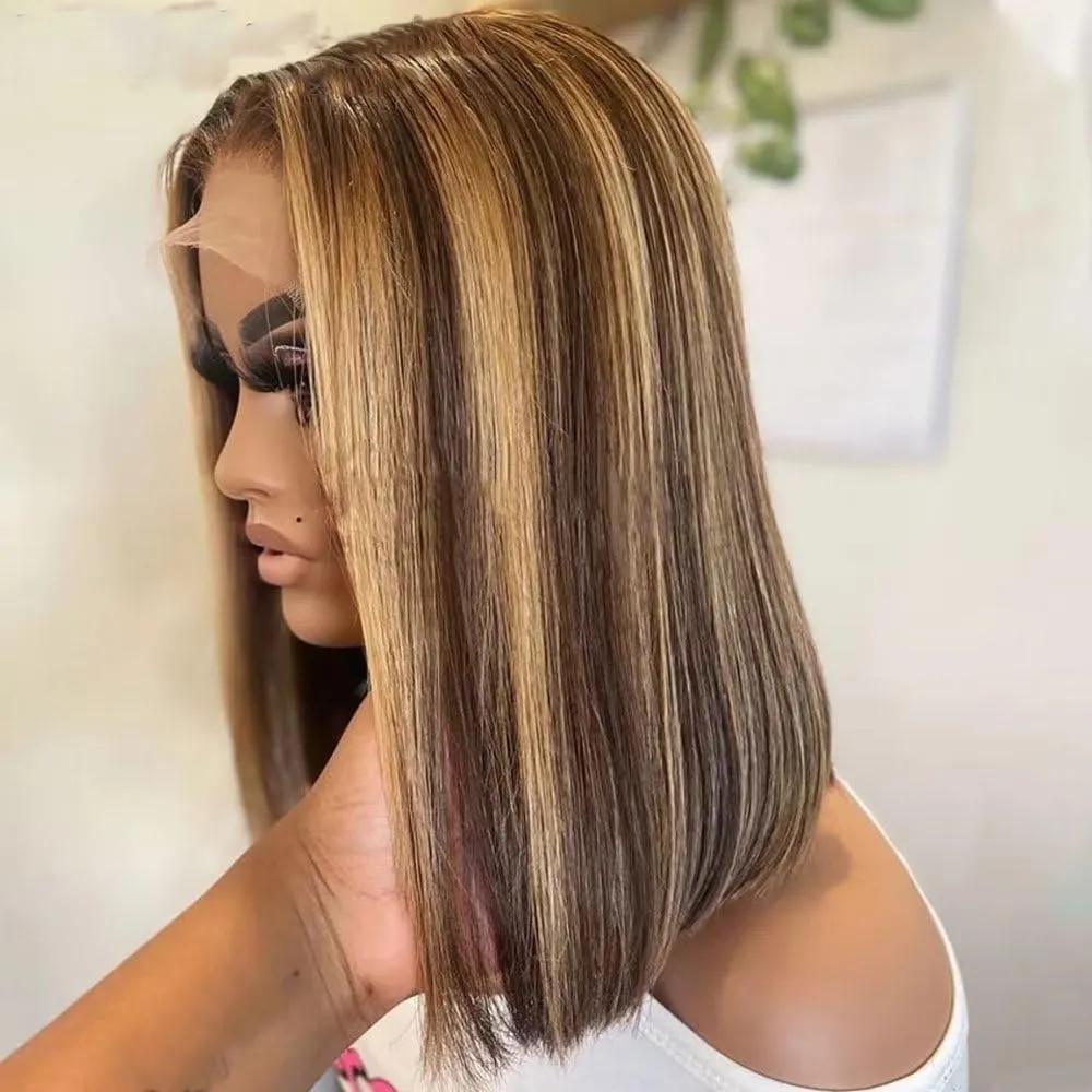 Glueless Human Hair P4/27 Highlight Edges Brown Straight Short Bob Wig 4x4 Lace Front Wigs Preplucked Lace Closure Wig
