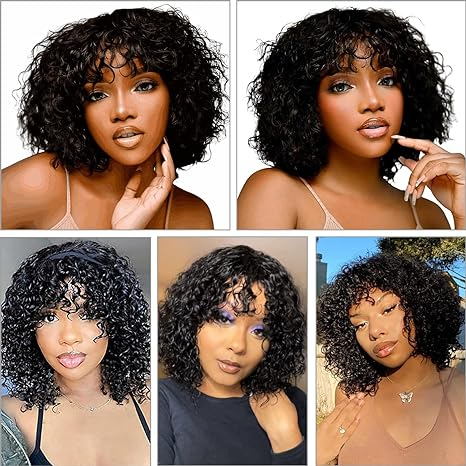 Water Wave Short Bob Wig With Bangs Full Machine Made For Black Women