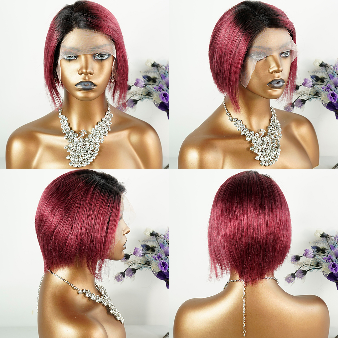 Short Human Hair Wigs Pixie Cut Straight Remy Brazilian Hair T-Part Lace Wig