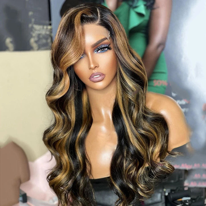 Lumiere Blonde Highlight Preplucked Body Wave 13x4 Transparent Lace Frontal 180% Density Human Hair Wigs For Black Women HDZ