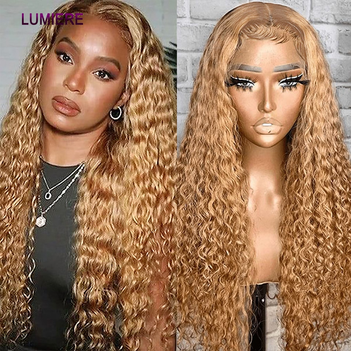 #27 Honey Blonde Kinky Curly 3 Bundles With 4X4 Lace Closure For Women Human Hair