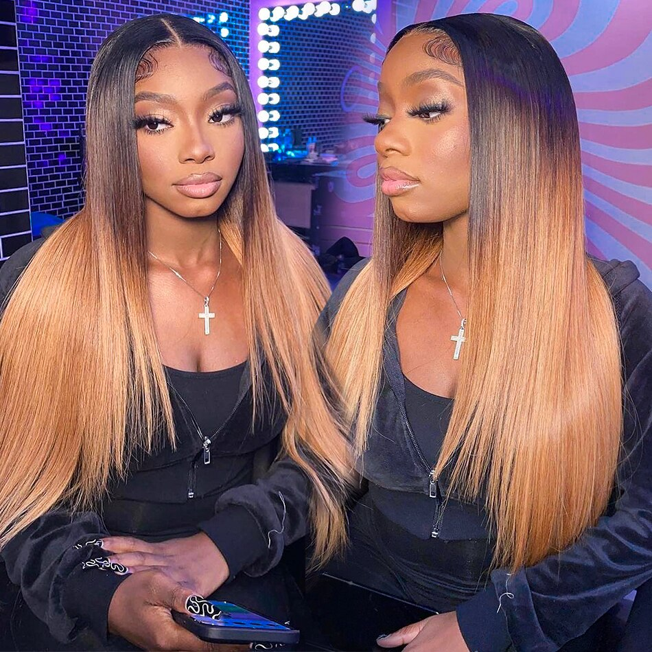 3Tone Color Highlighted Wigs 13x4 Lace Frontal Wig 1b/4/27 Straight Human Hair Wigs with Highlights