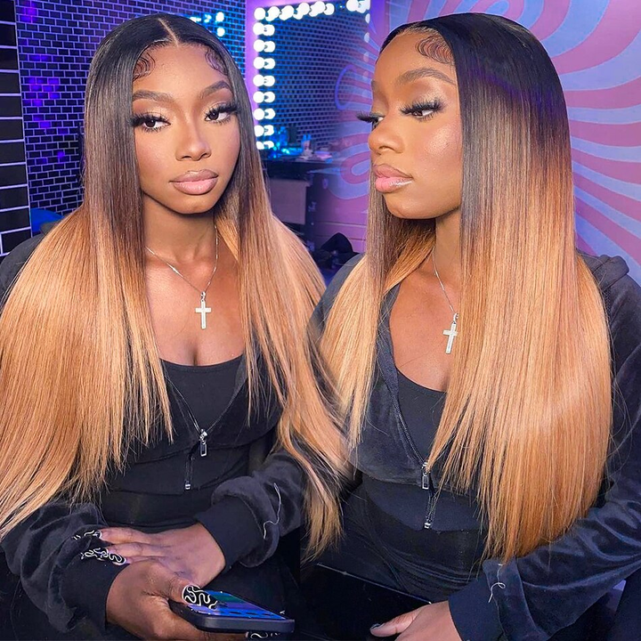 3Tone Color Highlighted Wigs 13x4 Lace Frontal Wig 1b/4/27 Straight Human Hair Wigs with Highlights