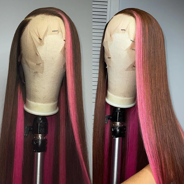 Hot Pink and Black Skunk Stripe Straight Hair 13x4 Lace Frontal Skunk Stripe Wigs For Women