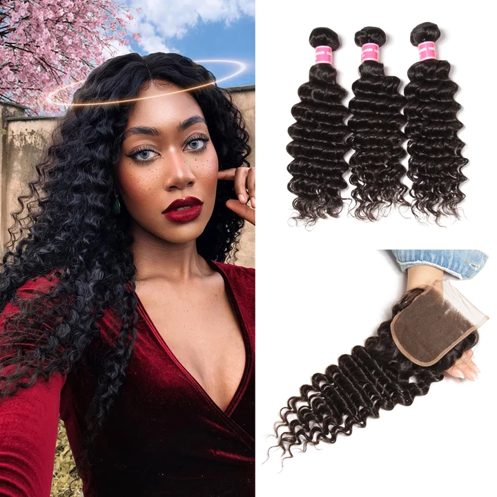 Deep Wave 3 Bundles With Closure 6x6 lace 100% virgin human hair