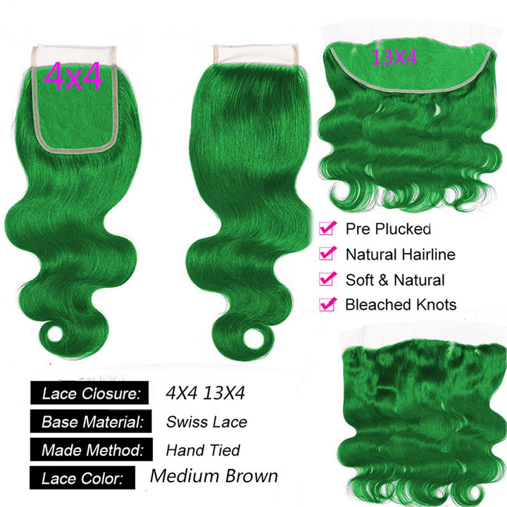 Grass Green Body 3 Bundles With 4X4 Lace Closure Brazilian Human Hair