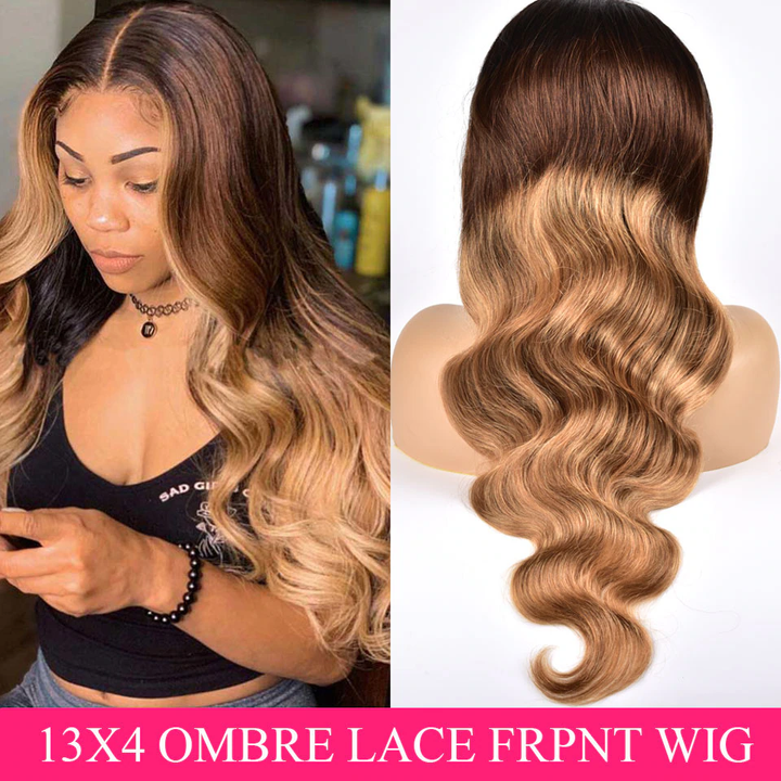 Highlighted Wigs 13x4 Lace Frontal Wig #T4/27  Color Body wave Human Hair Wigs with Highlights
