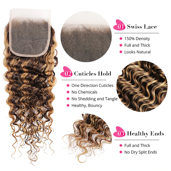Lumiere P4/27 Highlight Deep wave 3 Bundles With 4x4 Closure 100% Remy Human Hair Bundles With Closure