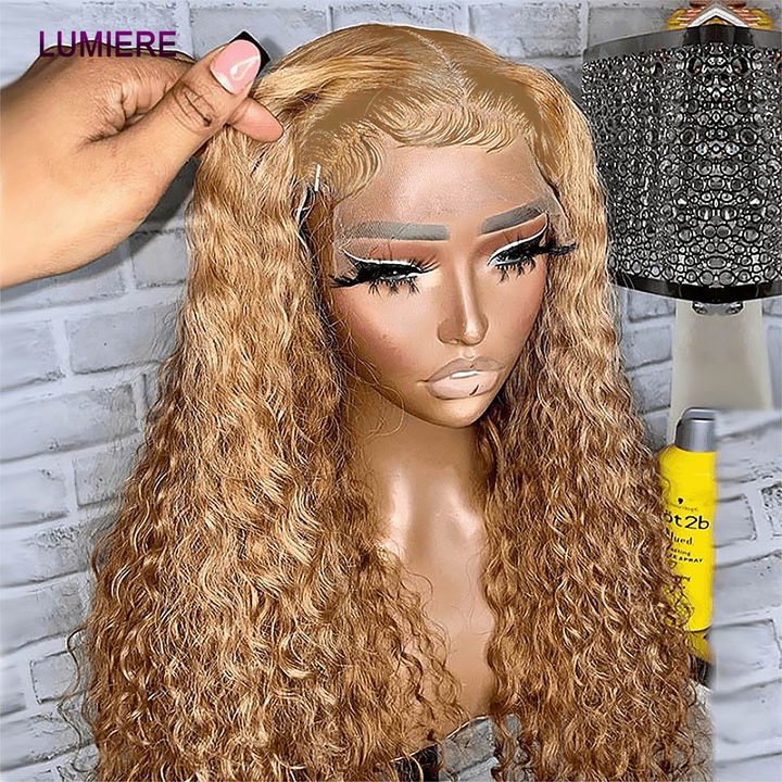 #27 Honey Blonde Kinky Curly 3 Bundles With 4X4 Lace Closure For Women Human Hair
