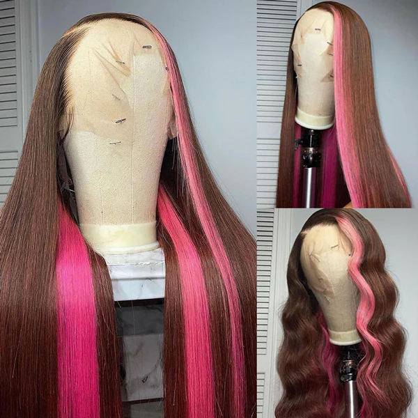 Hot Pink and Black Skunk Stripe Straight Hair 13x4 Lace Frontal Skunk Stripe Wigs For Women
