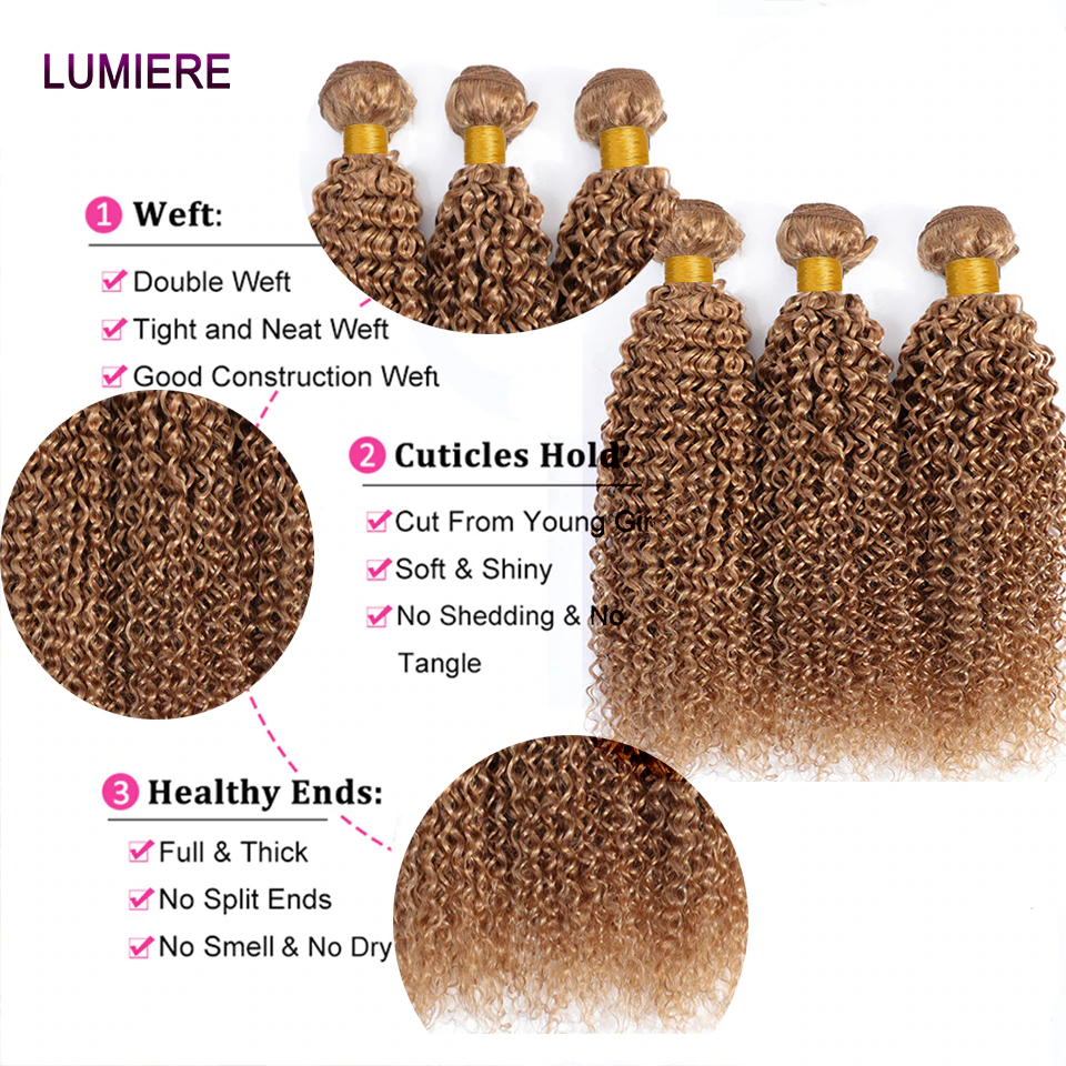 #27 Honey Blonde Kinky Curly 3 Bundles With 4X4 Lace Closure For Women Human Hair