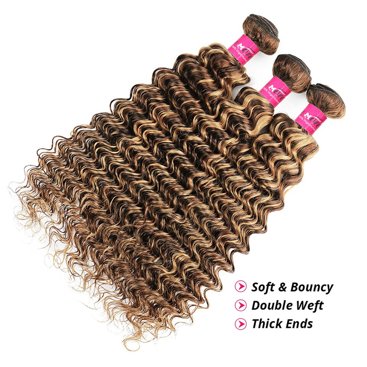 Highlight Deep Wave 3 Bundles Brazilian 30 Inch Human Hair Bundles P4/27 Ombre Brown Blonde Weave Bundles Hair Extensions