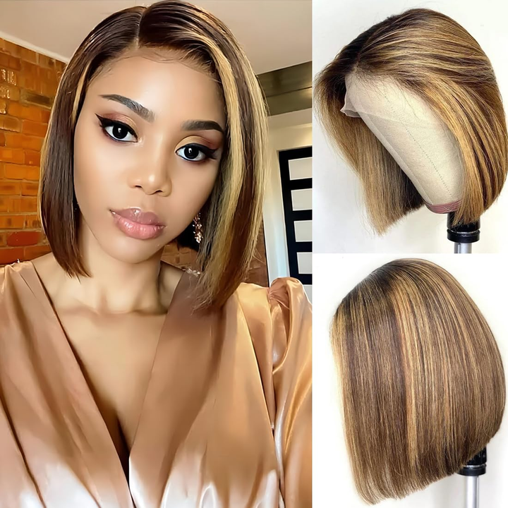Lumiere A1 Customized 4x4 Lace P4/27 Straight Bob Wig Human Hair Highlight Honey Blonde Lace Closure Wig for Women 14Inch