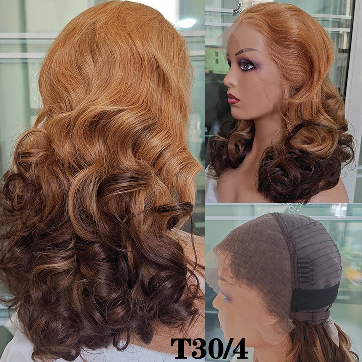 Customized 250% Density Super Double DrawnHighlight P4/27 Bouncy Curly Glueless 13X4 Full Frontal Wigs Transparent Lace 100% Human Hair| Lumiere