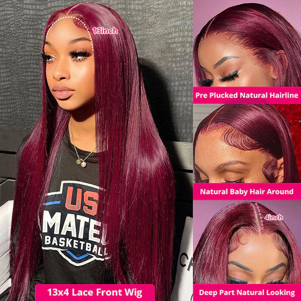 99J 13x4 HD Lace Front Wig Brazilian Straight Colored Human Hair Wigs For Women