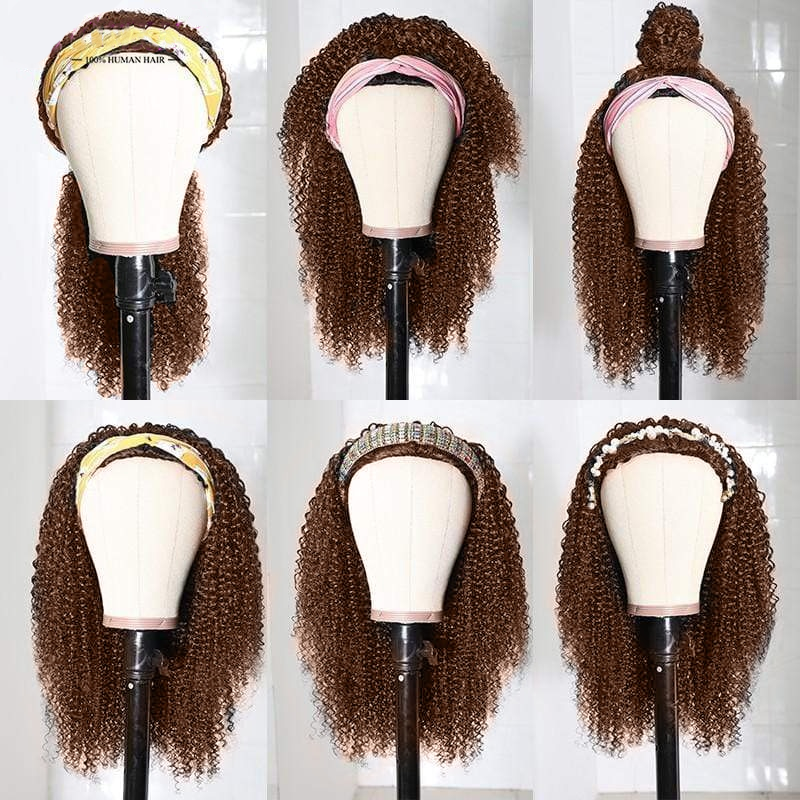 Chocolat brun crépus bouclés bandeau perruques de cheveux humains pleine machine faite perruque aucune dentelle