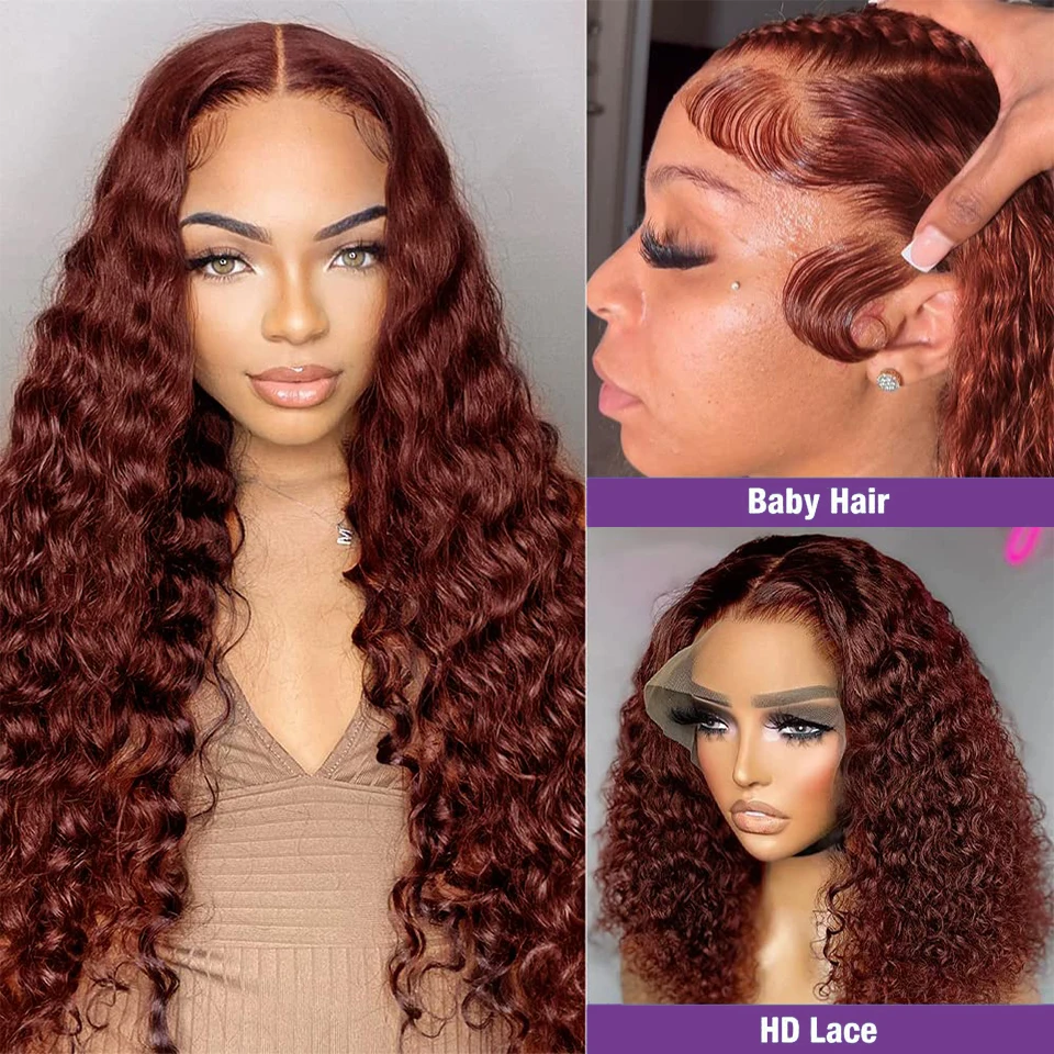 #33 Colored 13x4 Lace Frontal Reddish Brown Deep Curly Human Hair Wigs 4x4 & 5x5 Lace Closure Wigs