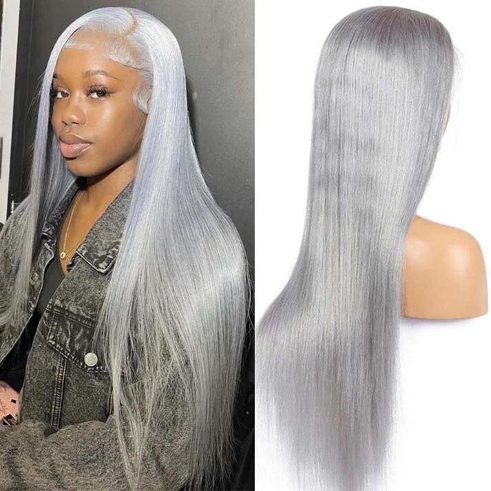 Grey Silver Straight HD Transparent Lace Frontal / Closure Virgin Human Hair Wig