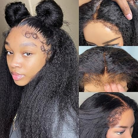 Bords 4C | Indétectable Kinky Straight Kinky Edges 13x4 Frontal Lace Glueless Wig | Inspiré d'Afro