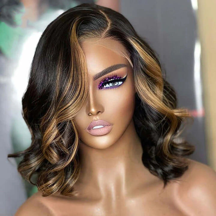 Limited Design | Blonde Highlight Right C Part  Body bob Wave 13x4 Frontal  HD Lace Wig