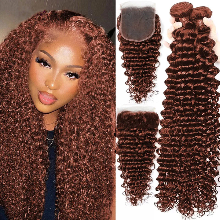 #33 Blonde Deep Wave Peruvian Hair 3 Bundles with 4x4 Closure 100% Human Hair extension(No Code Need)