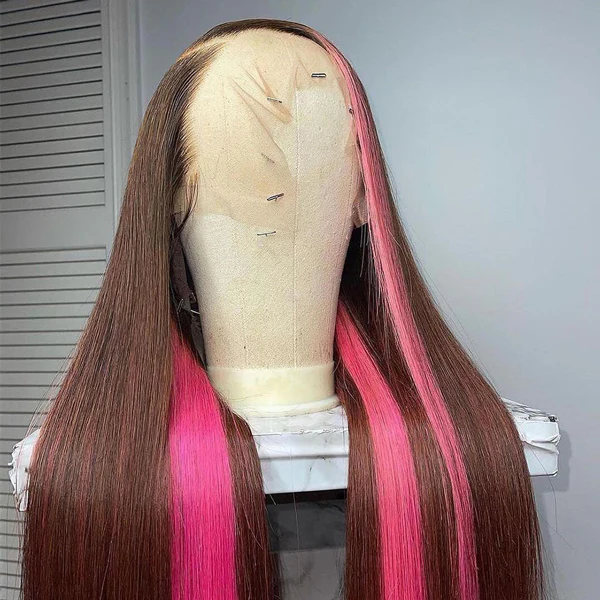 Hot Pink and Black Skunk Stripe Straight Hair 13x4 Lace Frontal Skunk Stripe Wigs For Women