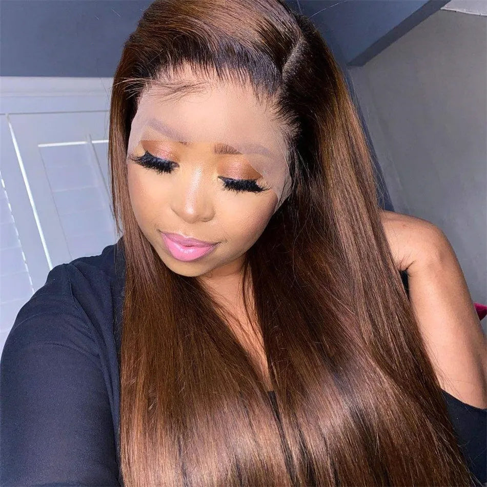 Chocolate Brown Colored Straight HD Lace Frontal Human Hair Wigs for women