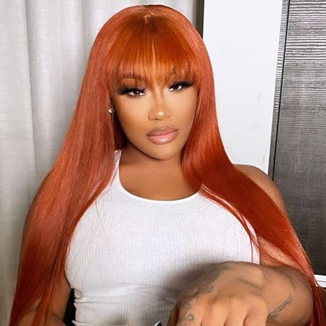Ship In 24Hours-Lumiere Ginger Red Colored Bone Straight 13x4 HD Lace Front 150% Density Human Hair Wigs With Bangs For Black Women HDZ