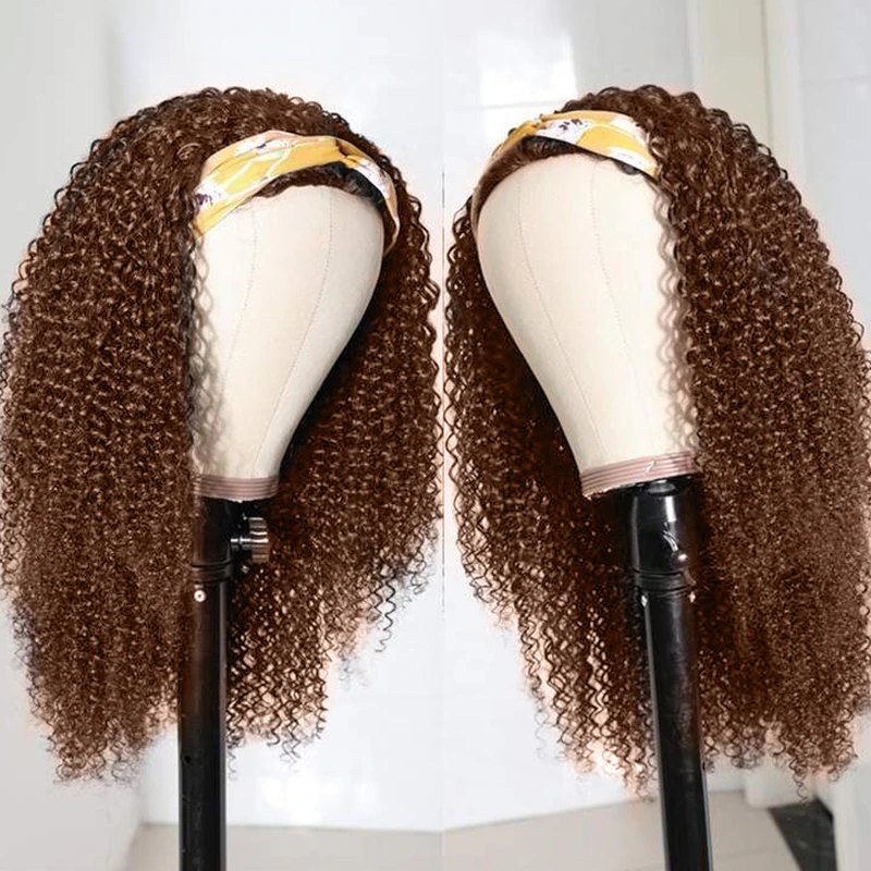 Chocolat brun crépus bouclés bandeau perruques de cheveux humains pleine machine faite perruque aucune dentelle